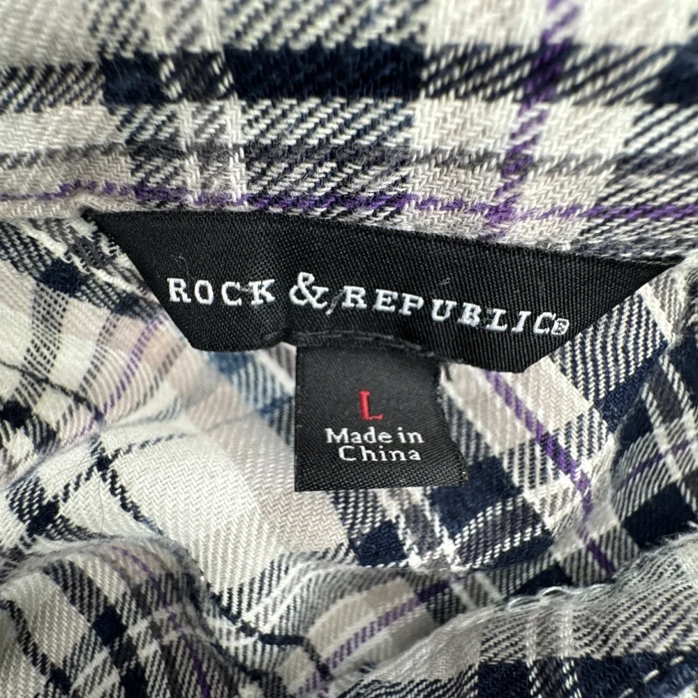 Distressed‎ Bleached Plaid Button Down Shirt Rock & Republic Purple Black Large